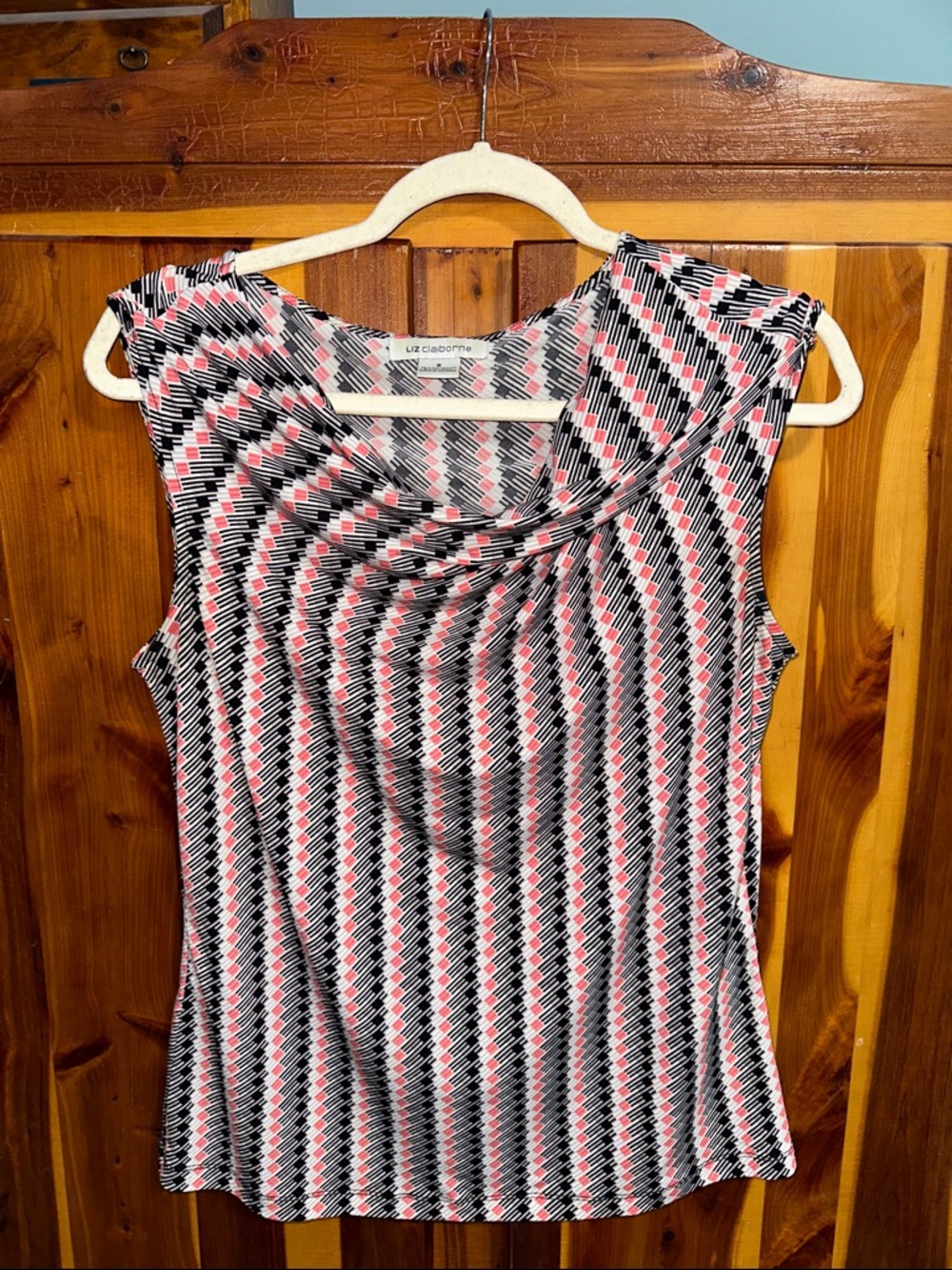 Liz Claiborne Sleeveless Drape-Neck Geometric Top
